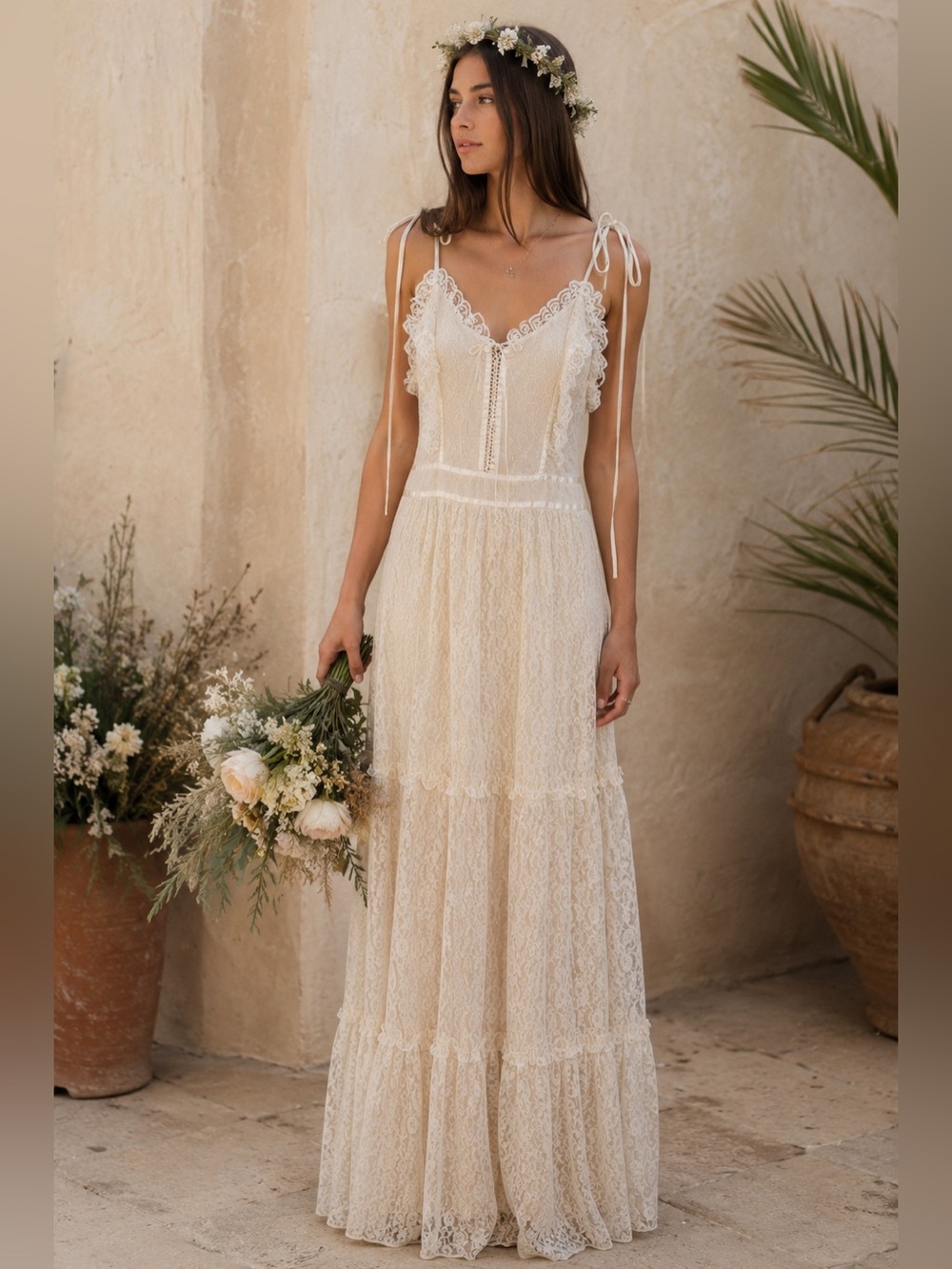 CANDI JONES California VINTAGE 70s Cream Lace Prairie Maxi Dress Tie Straps Sz 4